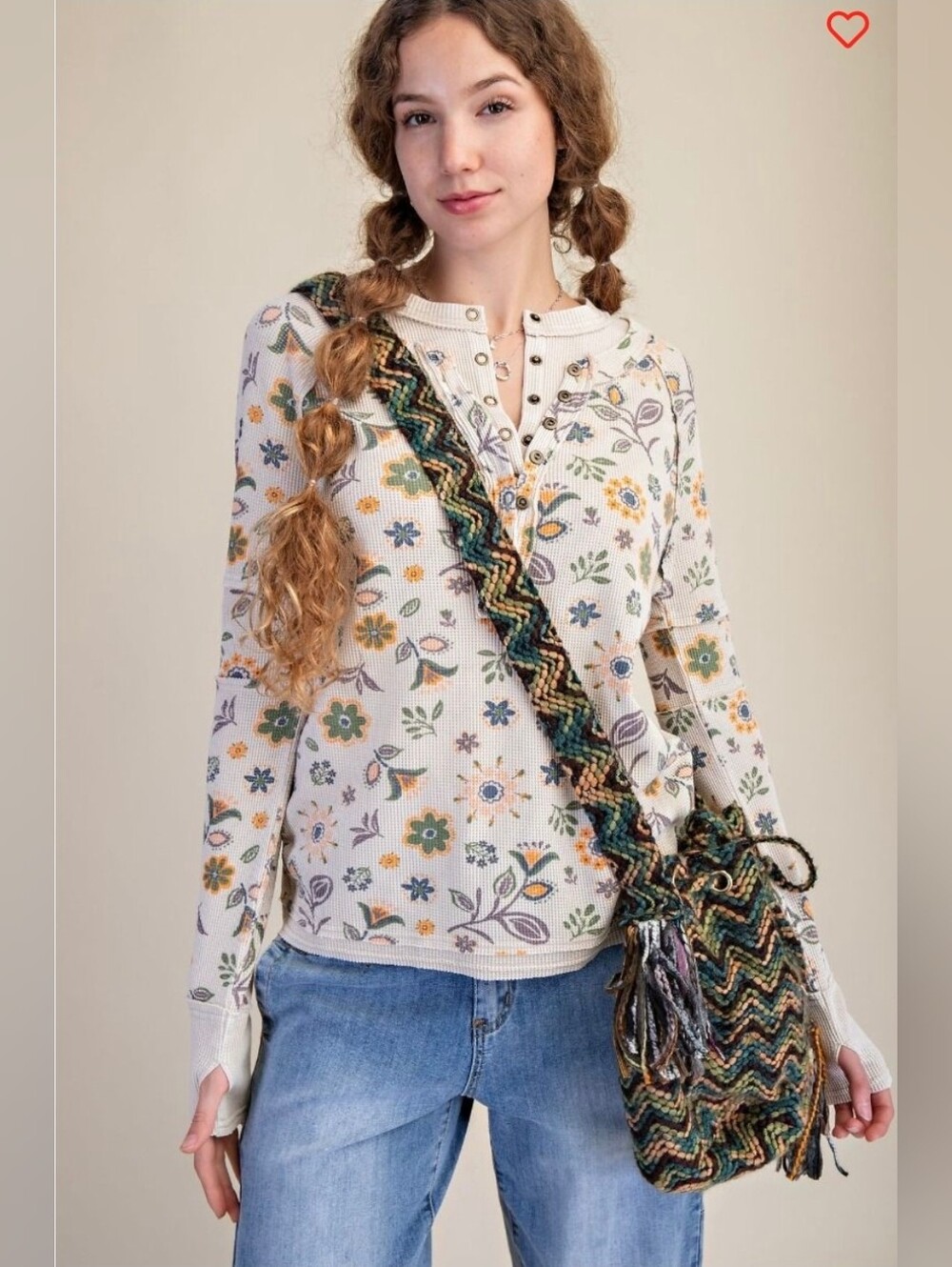Easel Floral Waffle Knit Henley Top with Thumbholes – S/M/L